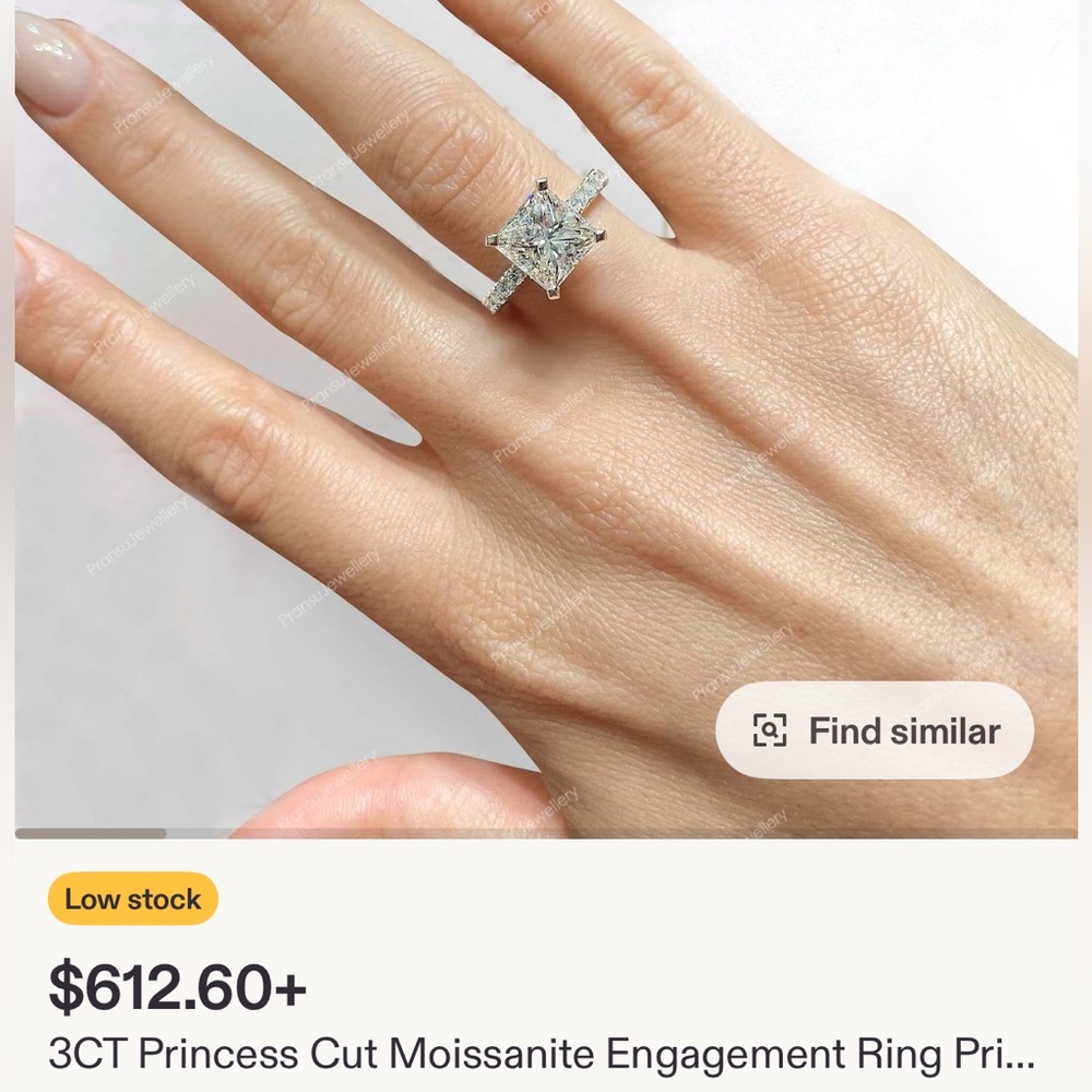3 Carat Princess Cut Moissanite Engagement Ring - Picture 3 of 8
